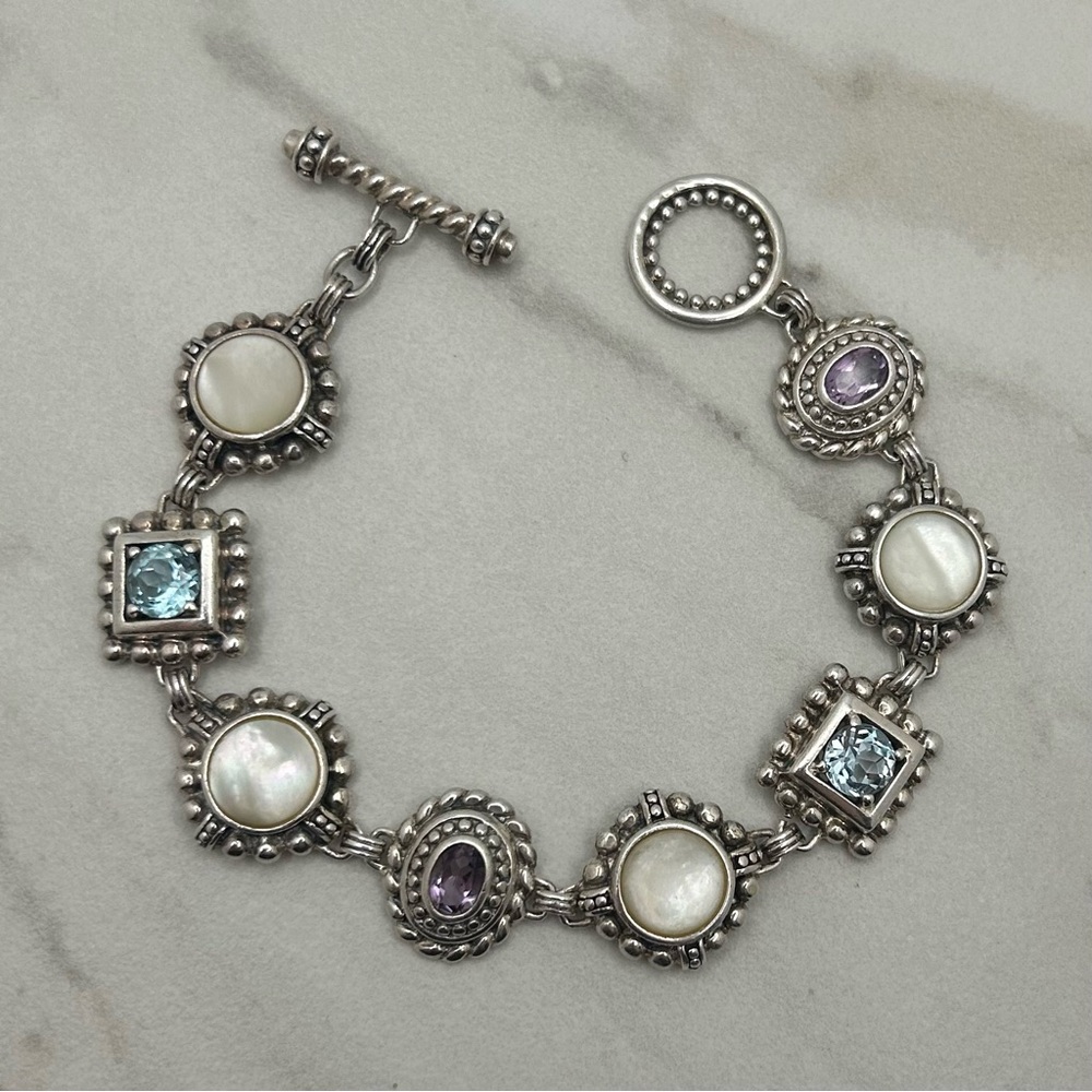 Vintage Sterling Silver Link Bracelet With Topaz, Amethyst, And Mother Of Pearl